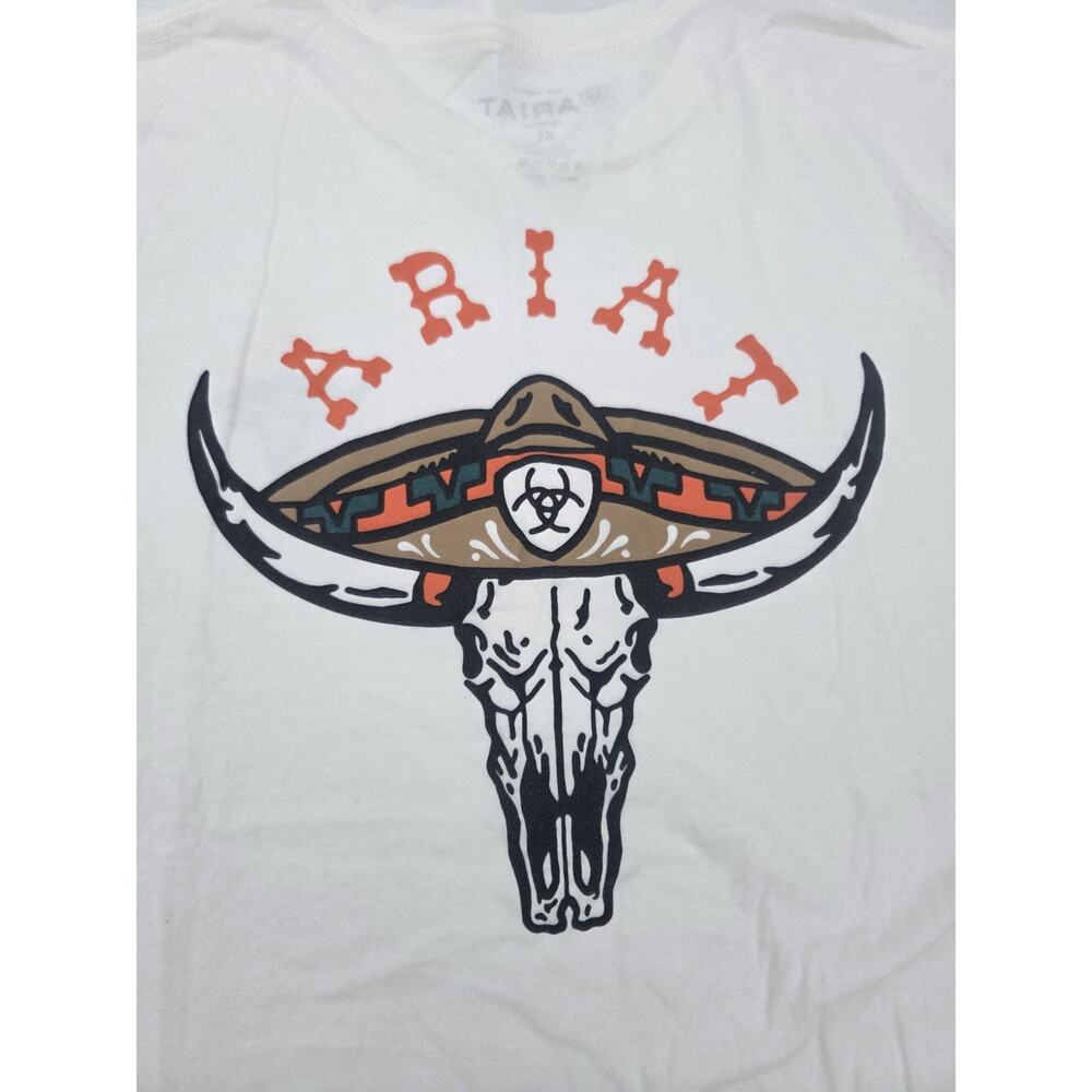 Ariat White Graphic Short Sleeve Tee with Tan, Black and Orange Print
